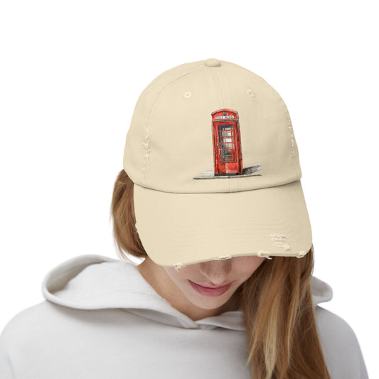 London Phone Booth Distressed Cap, Vintage Style Baseball Hat, Travel Accessory, Gift for Travelers, Unisex Fashion Headwear