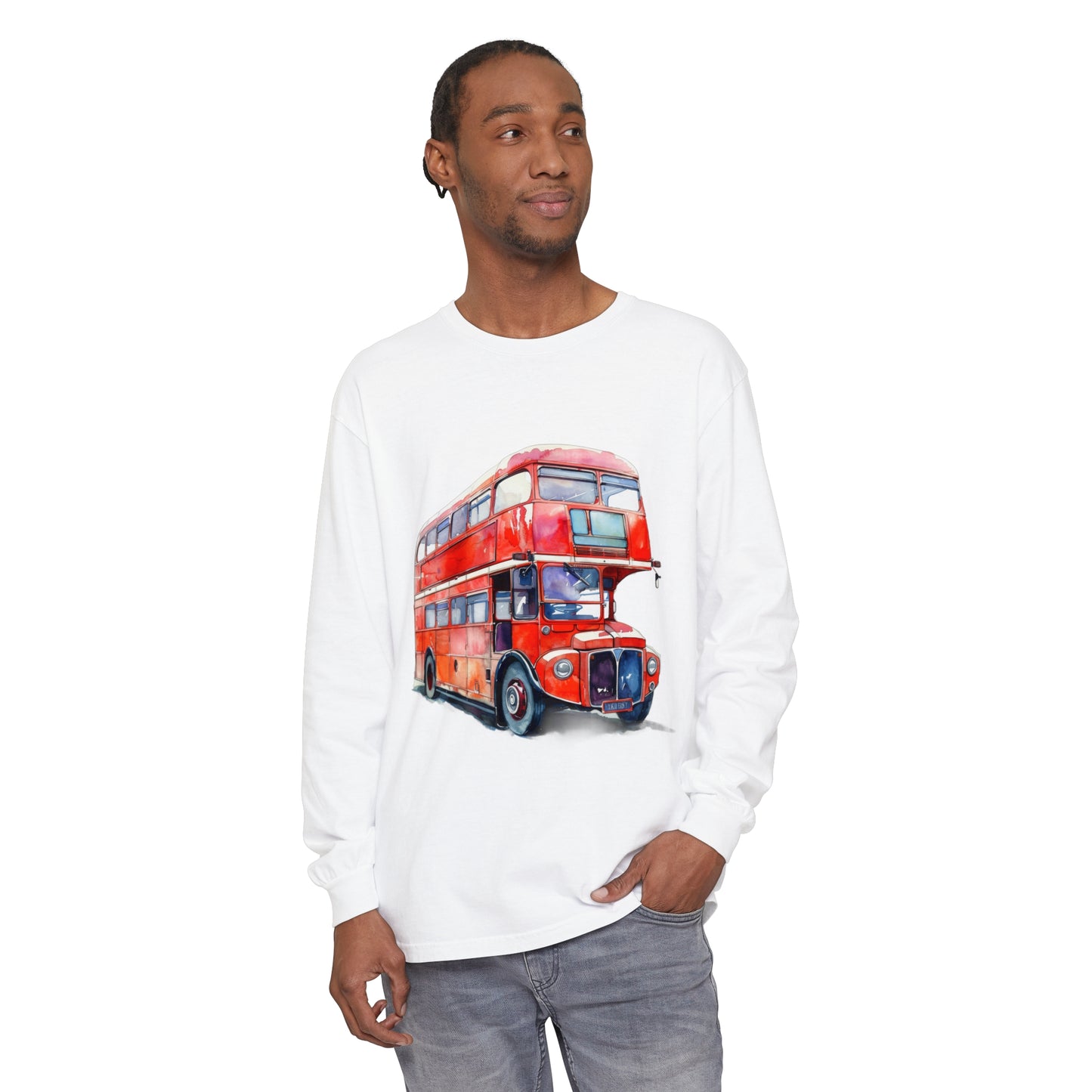 Unisex Garment-dyed Long Sleeve T-Shirt -  London Transport English Bus - Iconic Red Double-Decker