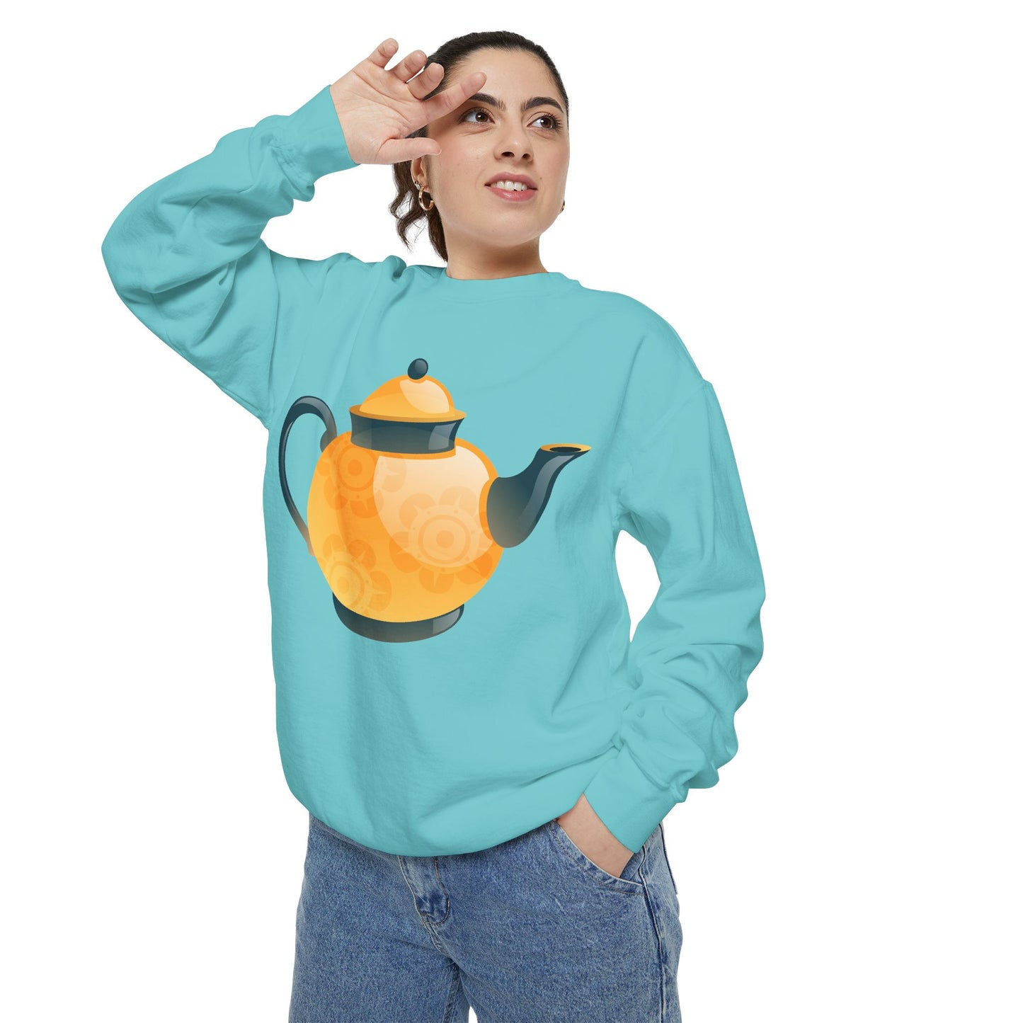 Unisex Garment-Dyed Sweatshirt - Classic British Tea Kettle - Timeless Elegance in Tea Time