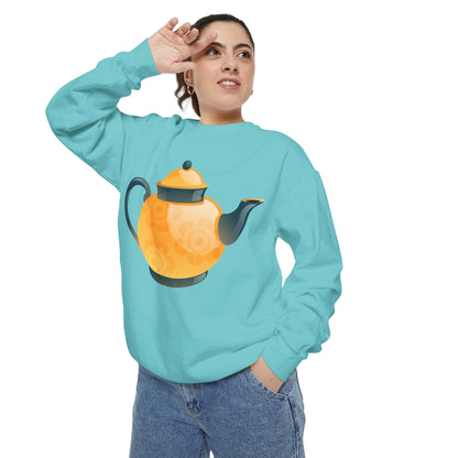 Unisex Garment-Dyed Sweatshirt - Classic British Tea Kettle - Timeless Elegance in Tea Time