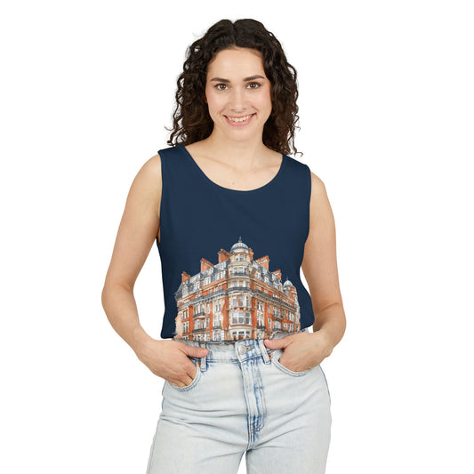Unisex Garment-Dyed Tank Top - British Vintage Building - Architectural Charm