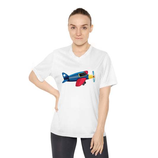 Women's Performance V-Neck T-Shirt - Retro Airplane Design for Aviation Enthusiasts