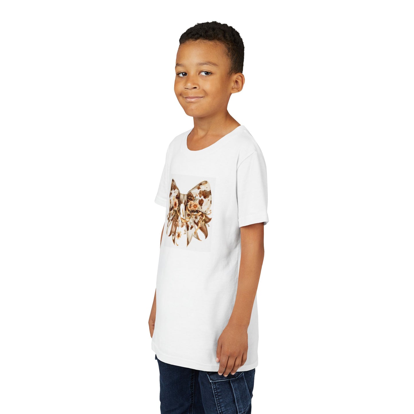 Youth Short Sleeve Tee - Western Cow Print Bow with Floral Accents Clipart - Cute Summer T-Shirt for Kids