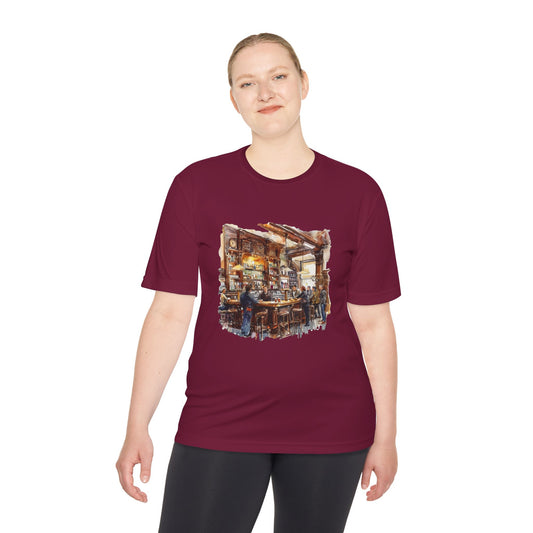 Unisex Moisture Wicking Tee - Rustic Bar Interior Watercolor Painting