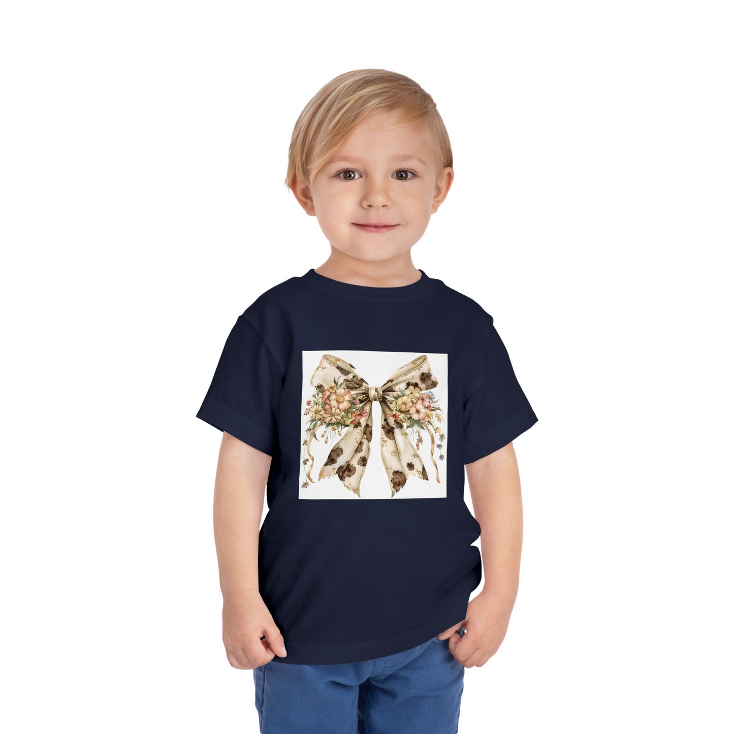 Toddler Tee - Western Floral Bow with Cow Pattern Aesthetic - Cute Short Sleeve Shirt for Kids