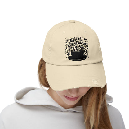 Unisex Distressed Cap: Coffee Lovers’ Hat, Casual Everyday Wear, Gift for Friends, Relaxing Vibes, Distressed Fashion