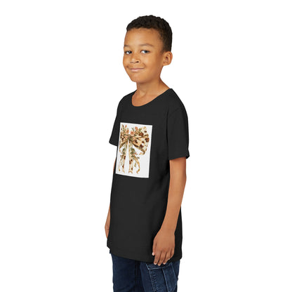 Youth Tee - Country Style Cow Print Bow with Wildflowers - Cute Kids Short Sleeve Shirt