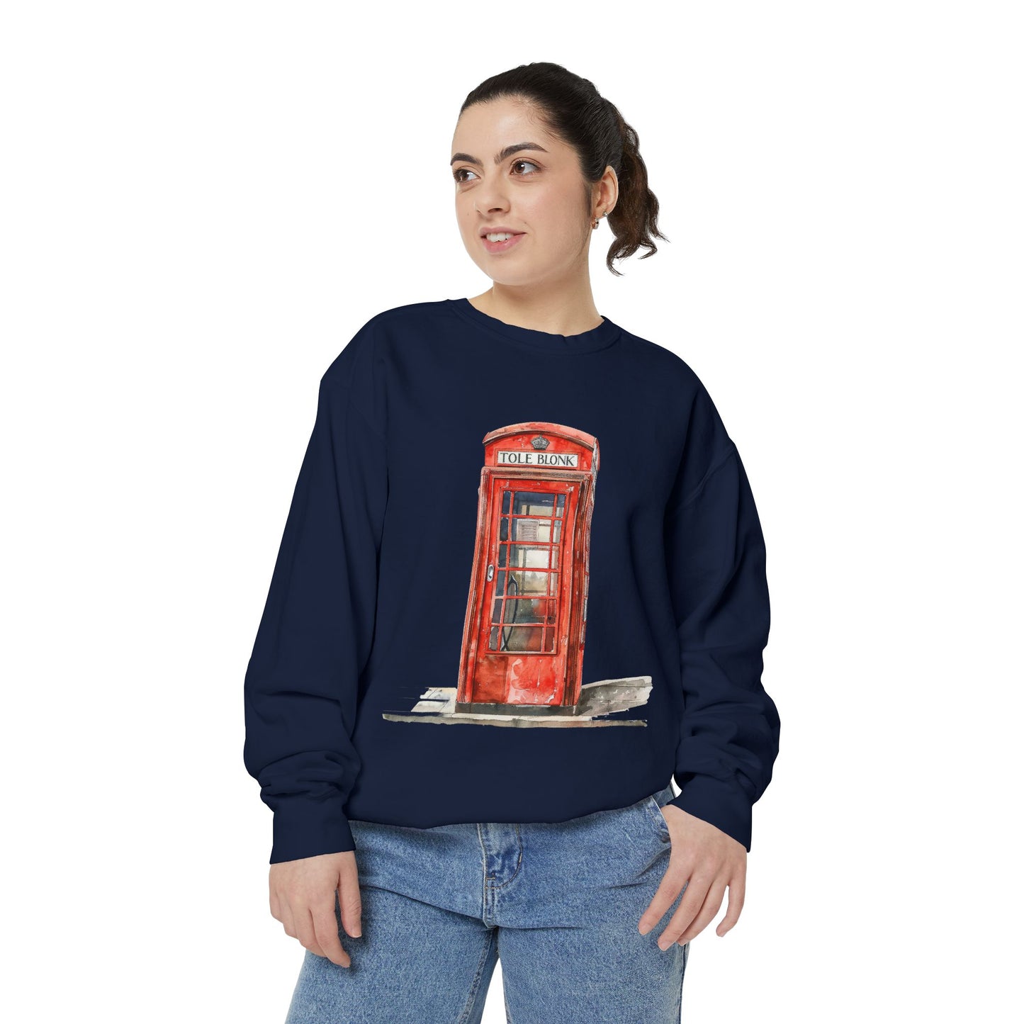 Unisex Garment-Dyed Sweatshirt - Iconic British Public Telephone - Classic Red Phone Box Design