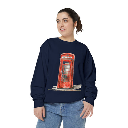 Unisex Garment-Dyed Sweatshirt - Iconic British Public Telephone - Classic Red Phone Box Design
