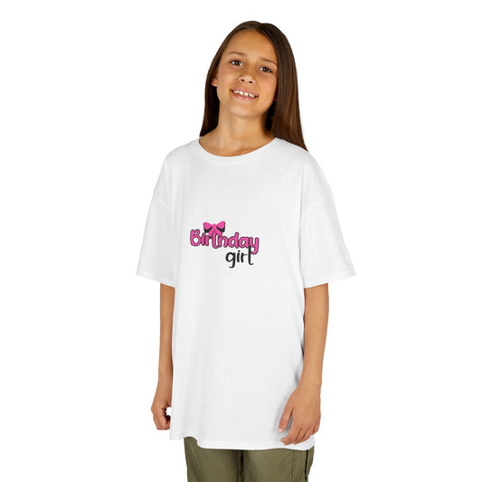 Kids Heavy Cotton Tee -Girly Birthday Girl with Leopard Rainbow Clipart -  Fun & Festive T-Shirt for Celebrating Special Days