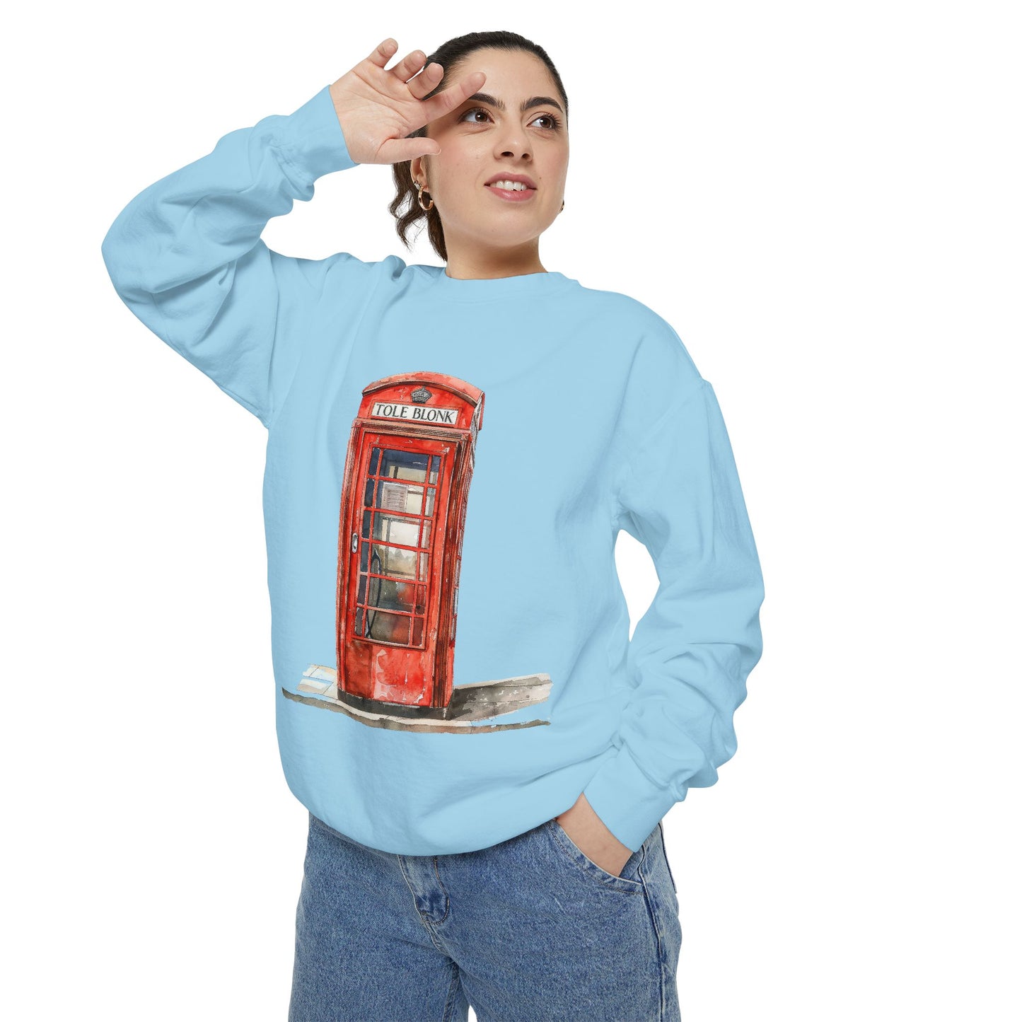 Unisex Garment-Dyed Sweatshirt - Iconic British Public Telephone - Classic Red Phone Box Design