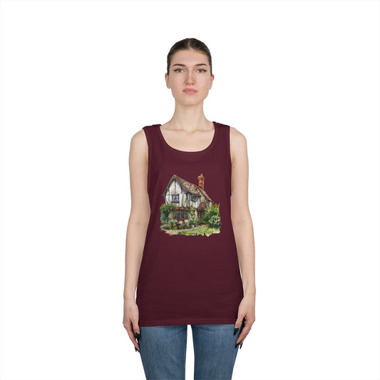 Unisex Heavy Cotton Tank Top - Charming English Cottage Illustration Print