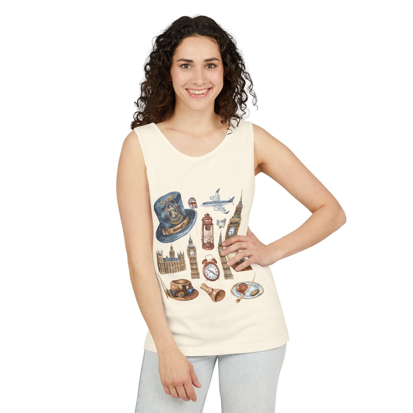 Unisex Garment-Dyed Tank Top - England Travel Icons Artistic Print