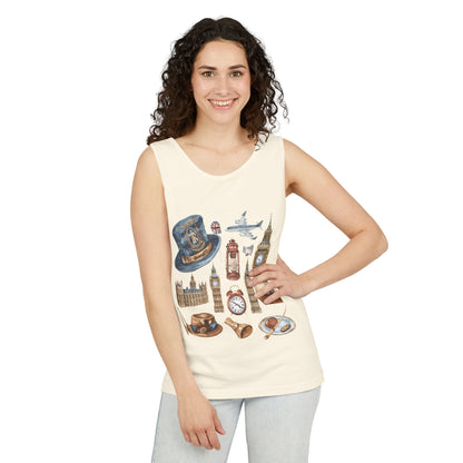 Unisex Garment-Dyed Tank Top - England Travel Icons Artistic Print