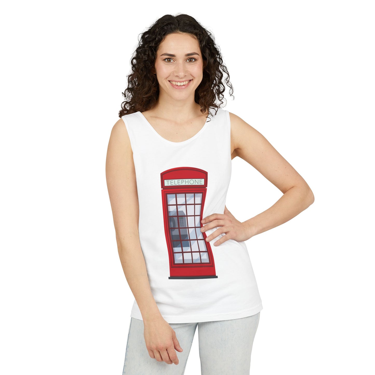 Unisex Garment-Dyed Tank Top - Iconic British Public Telephone - Classic Red Phone Box Design