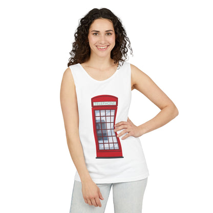 Unisex Garment-Dyed Tank Top - Iconic British Public Telephone - Classic Red Phone Box Design