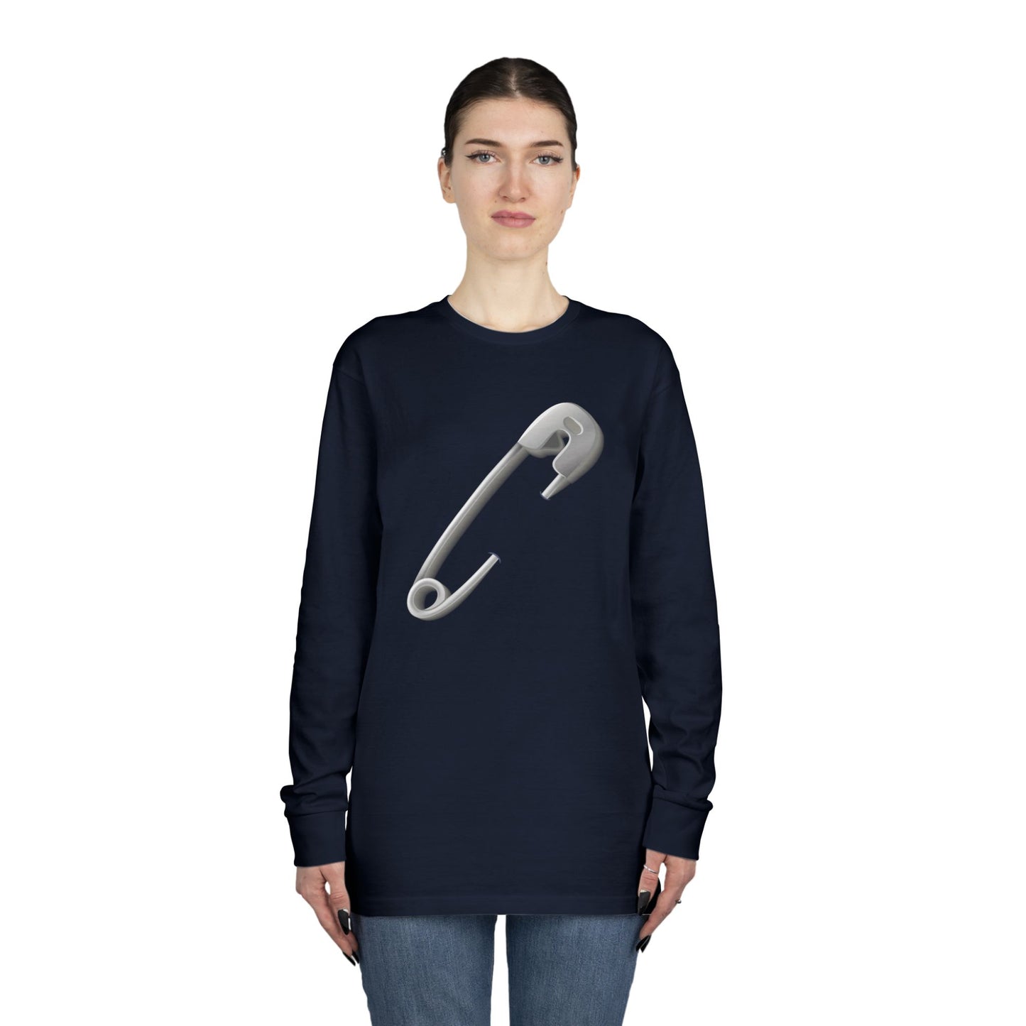 Long Sleeve Crewneck Tee - Minimalist Safety Pin Design