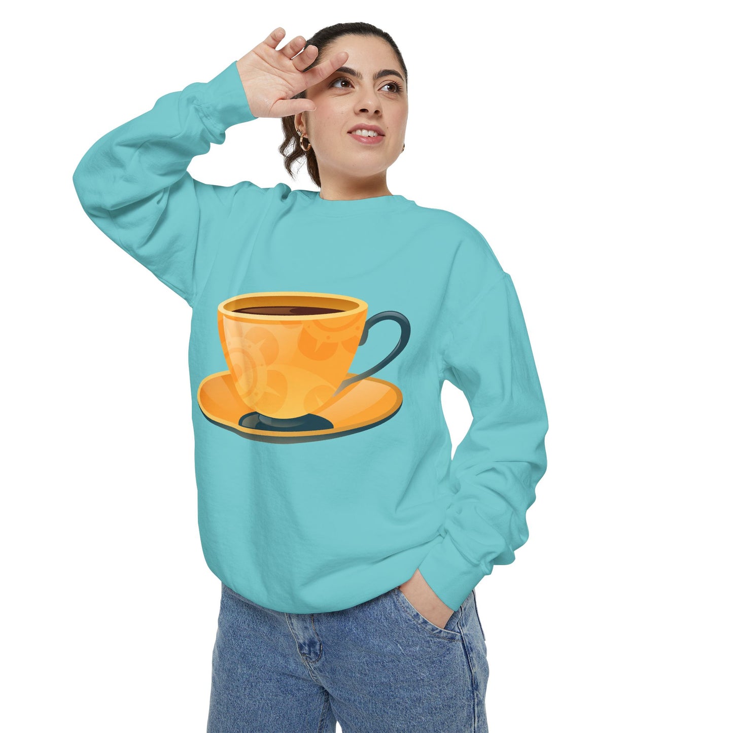 Unisex Garment-Dyed Sweatshirt - Elegant British Tea Cup - Classic Tea Time Style