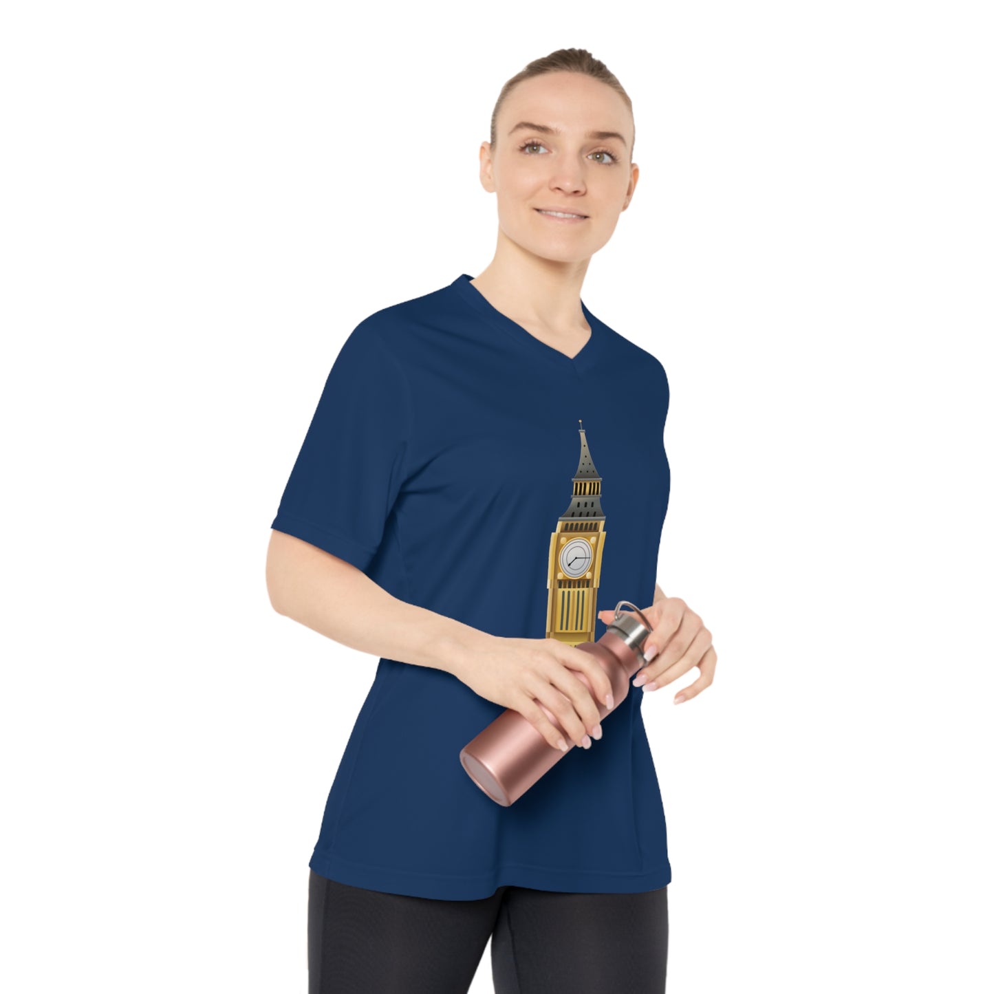 Women’s V-Neck Performance Tee  - Big Ben Tower Watercolor Art Print - Perfect for Travel & Sports