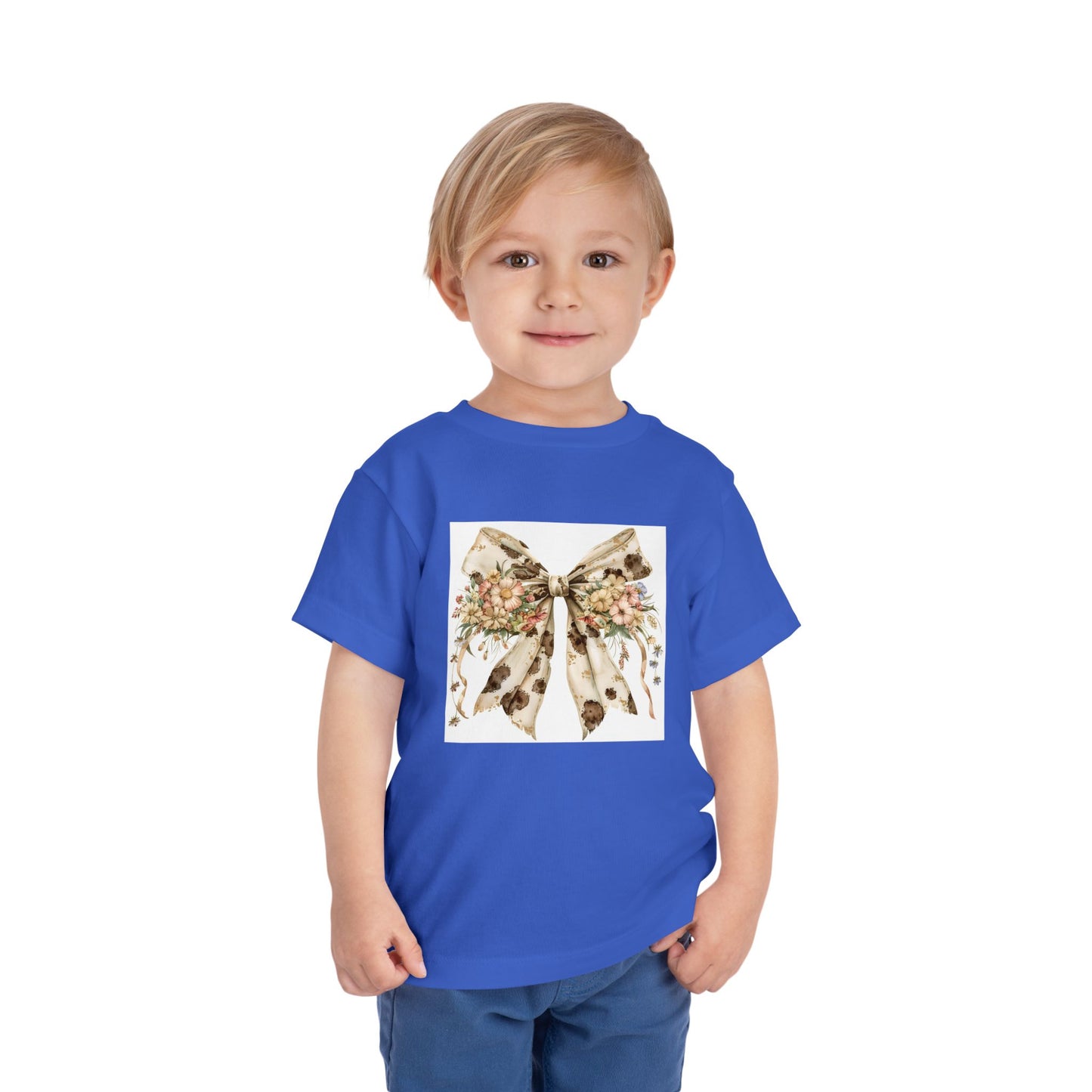 Toddler Tee - Western Floral Bow with Cow Pattern Aesthetic - Cute Short Sleeve Shirt for Kids