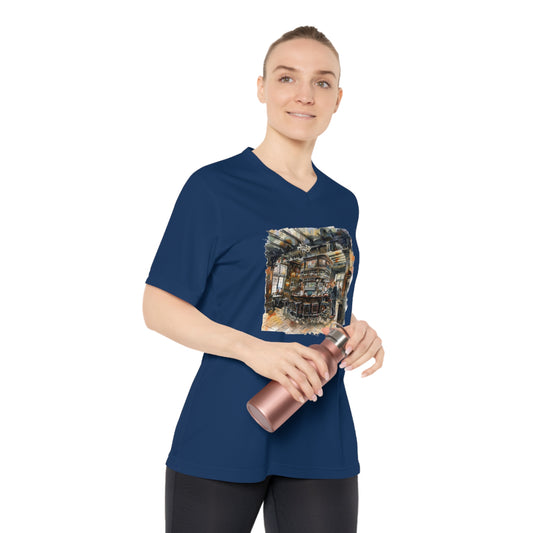 Women's Performance V-Neck T-Shirt - Rustic Bar Interior Watercolor Painting