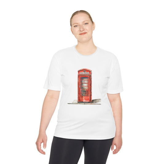 Unisex Moisture Wicking Tee - Red Phone Booth  - Perfect for Travel Lovers