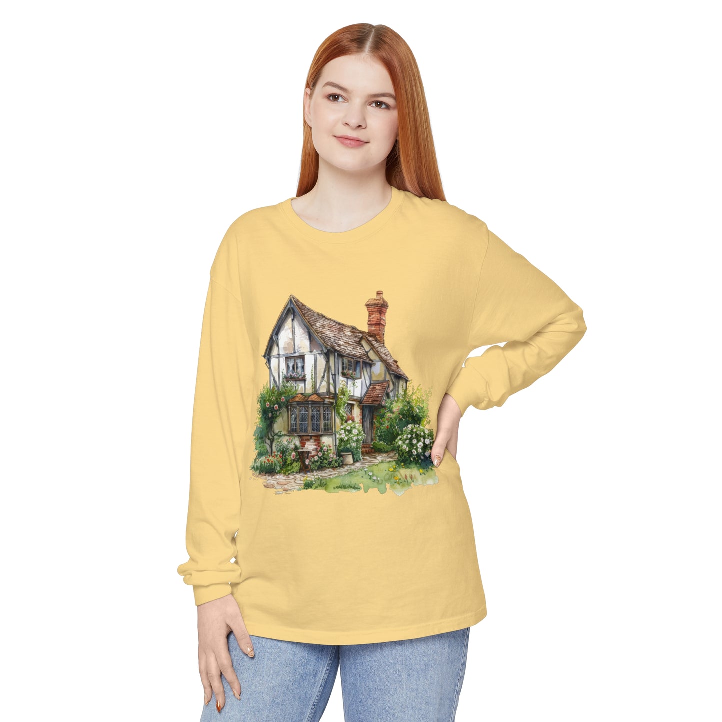 Unisex Garment-dyed Long Sleeve T-Shirt - Charming British House
