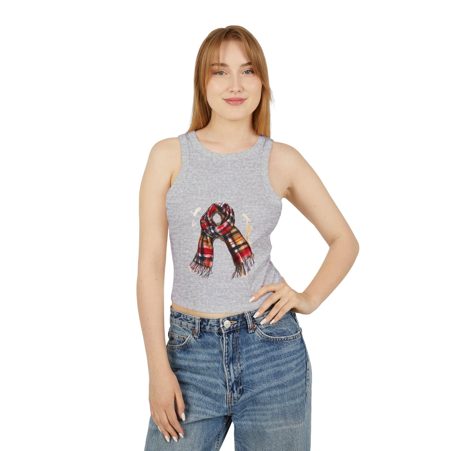 Women's Micro Rib Racer Tank Top - Plaid British Scarf - Timeless Style and Classic Elegance