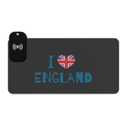 I Love England Typography Design - LED Gaming Mouse Pad with Wireless Charging - I Love England Design, Gamer Gift, Desk Accessory, Unique Office Decor, Home Office Essentials