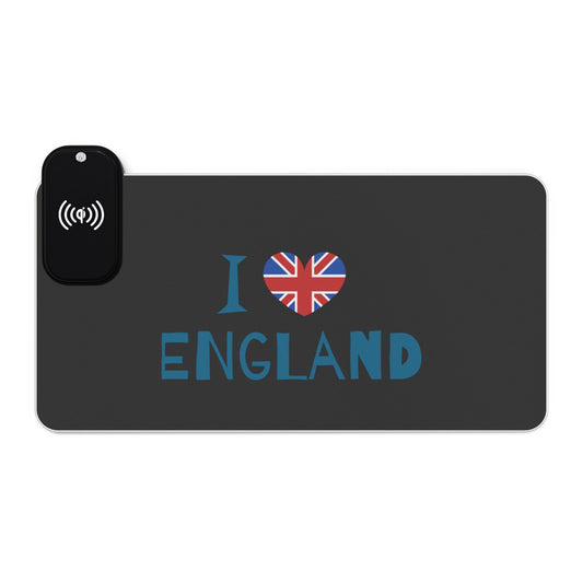 I Love England Typography Design - LED Gaming Mouse Pad with Wireless Charging - I Love England Design, Gamer Gift, Desk Accessory, Unique Office Decor, Home Office Essentials