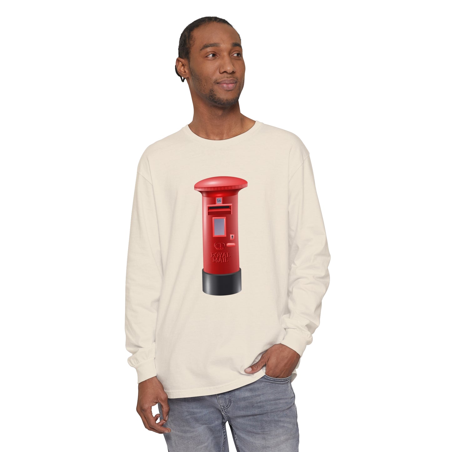 Unisex Garment-dyed Long Sleeve T-Shirt - Classic UK Royal Mailbox Design - British Postbox Icon