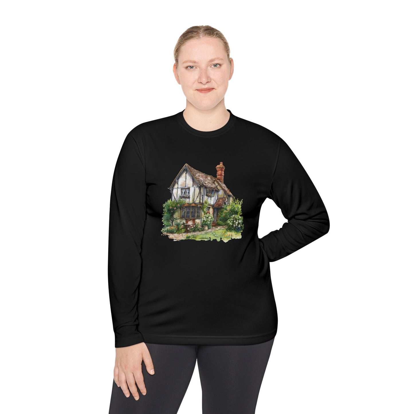 Unisex Lightweight Long Sleeve Tee - Charming English Cottage Illustration Print