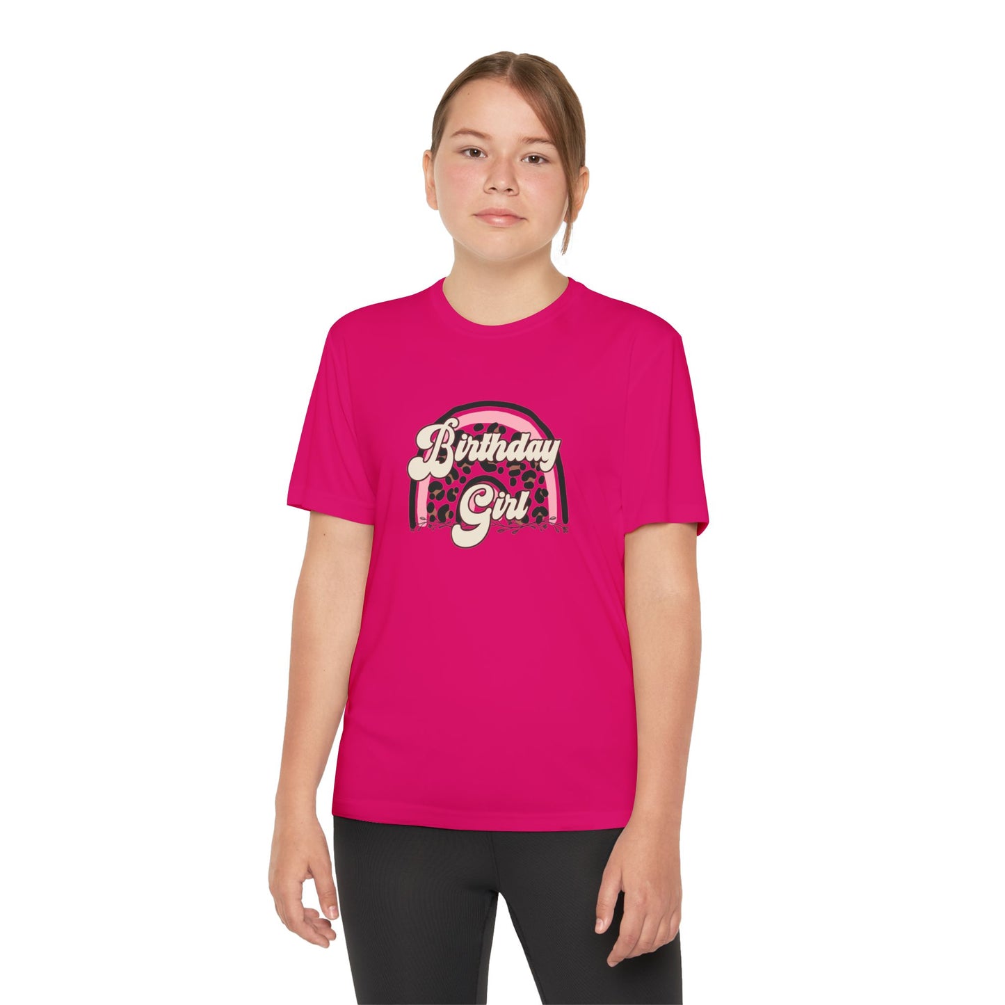 Youth Tee - Birthday Girl Leopard Print Rainbow Clipart - Bright Orange Competitor Shirt for Celebrations