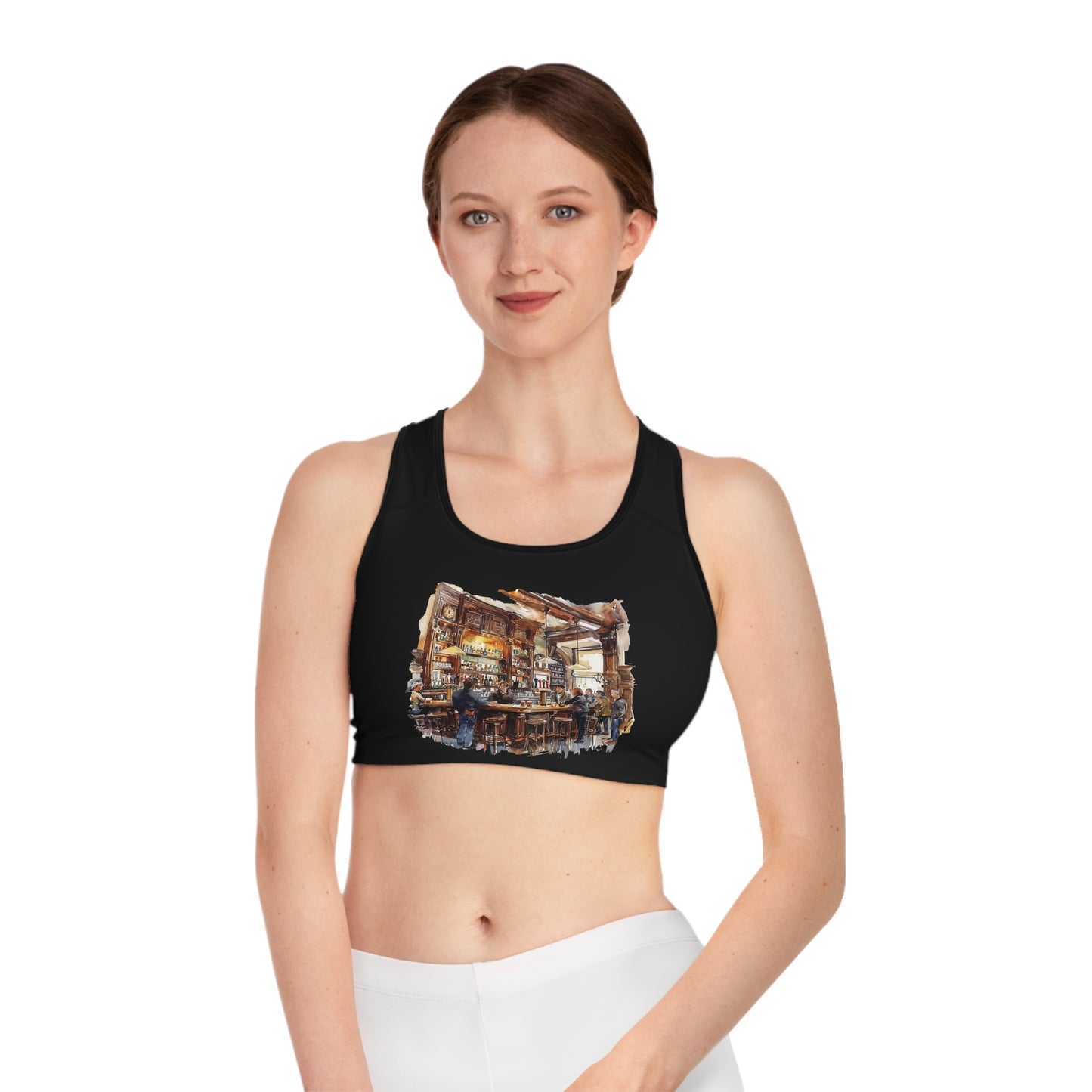 Sports Bra – Perfect for Yoga and Everyday Wear - London Pub Interior - Cozy British Tavern Watercolor Art