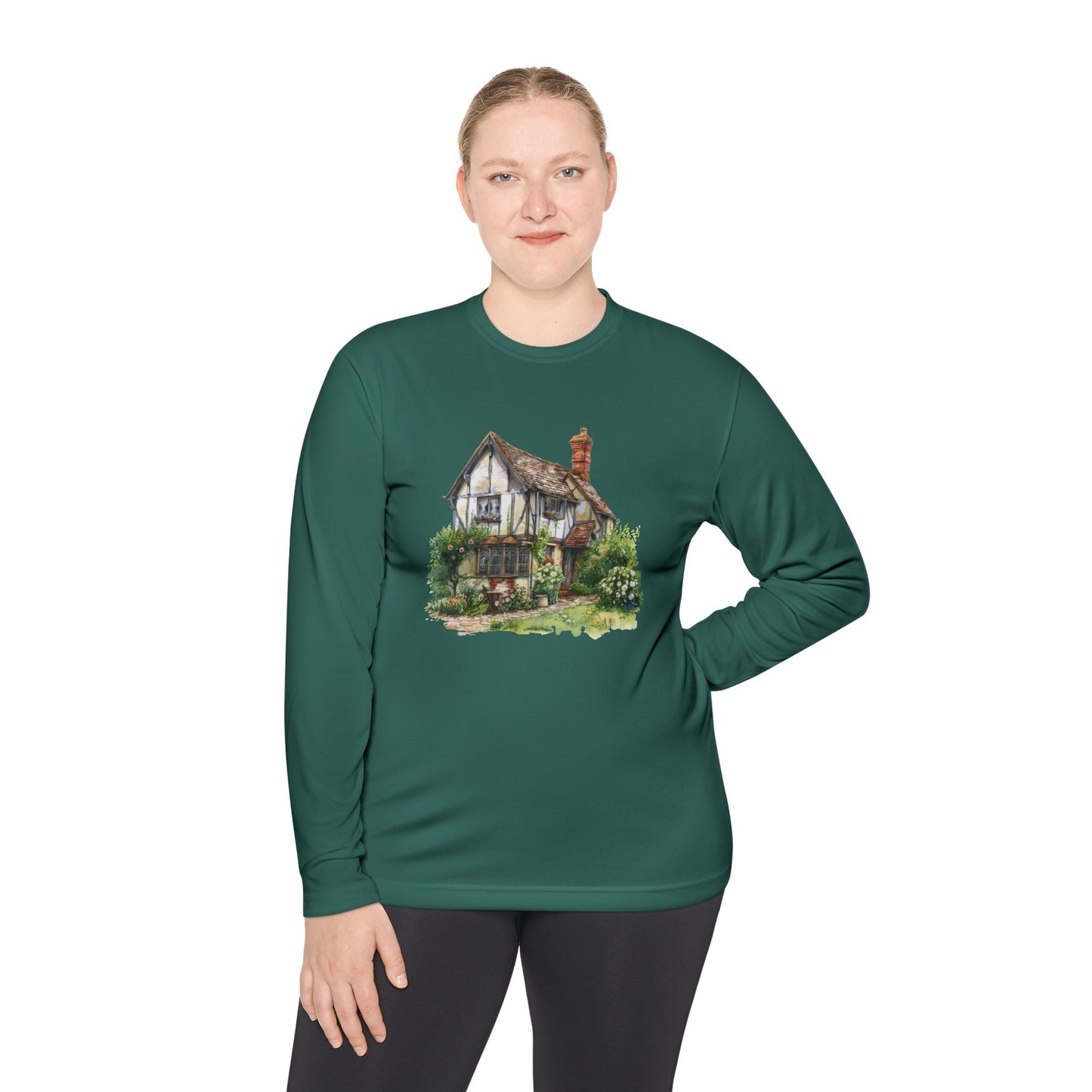 Unisex Lightweight Long Sleeve Tee - Charming English Cottage Illustration Print