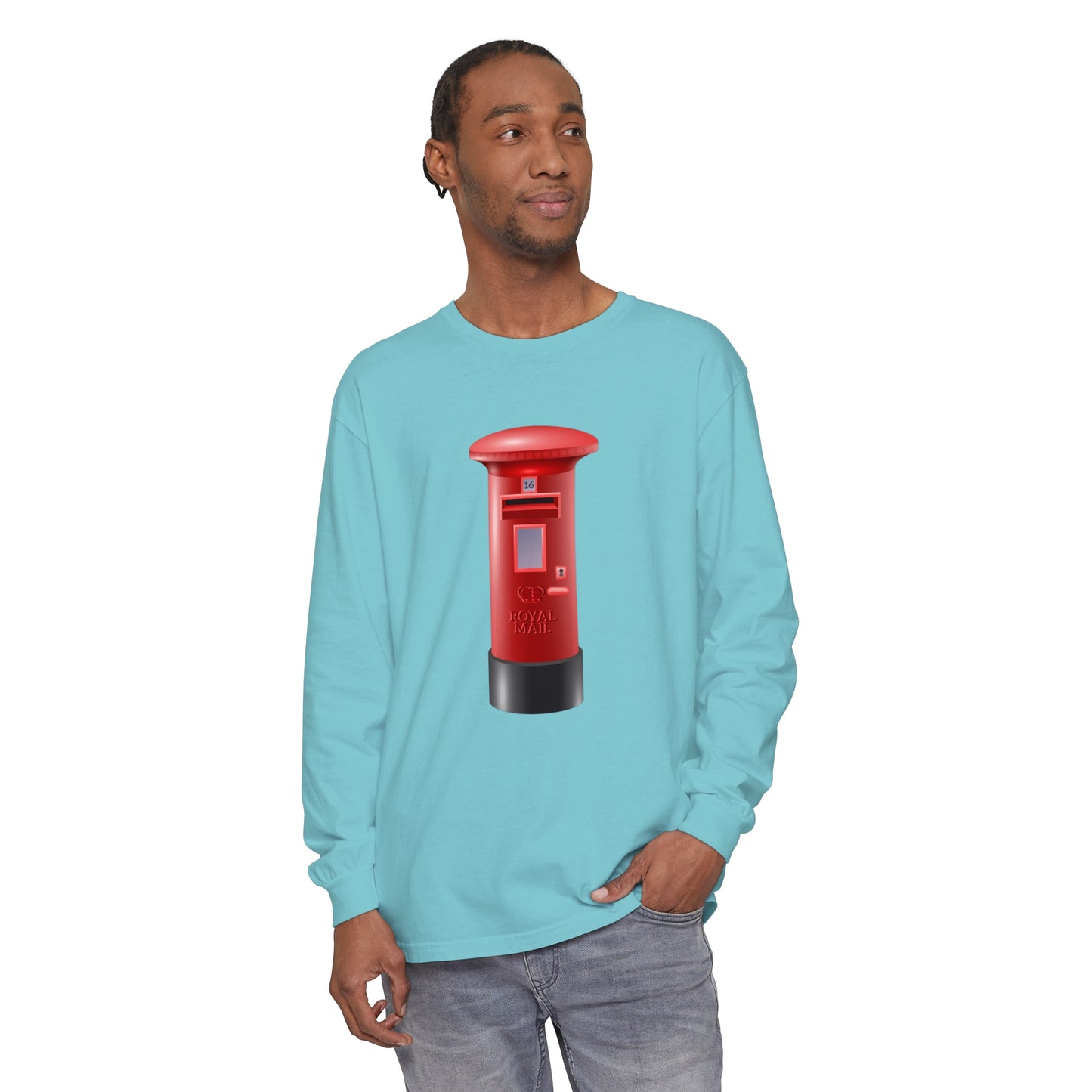 Unisex Garment-dyed Long Sleeve T-Shirt - Classic UK Royal Mailbox Design - British Postbox Icon
