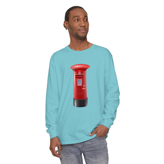 Unisex Garment-dyed Long Sleeve T-Shirt - Classic UK Royal Mailbox Design - British Postbox Icon