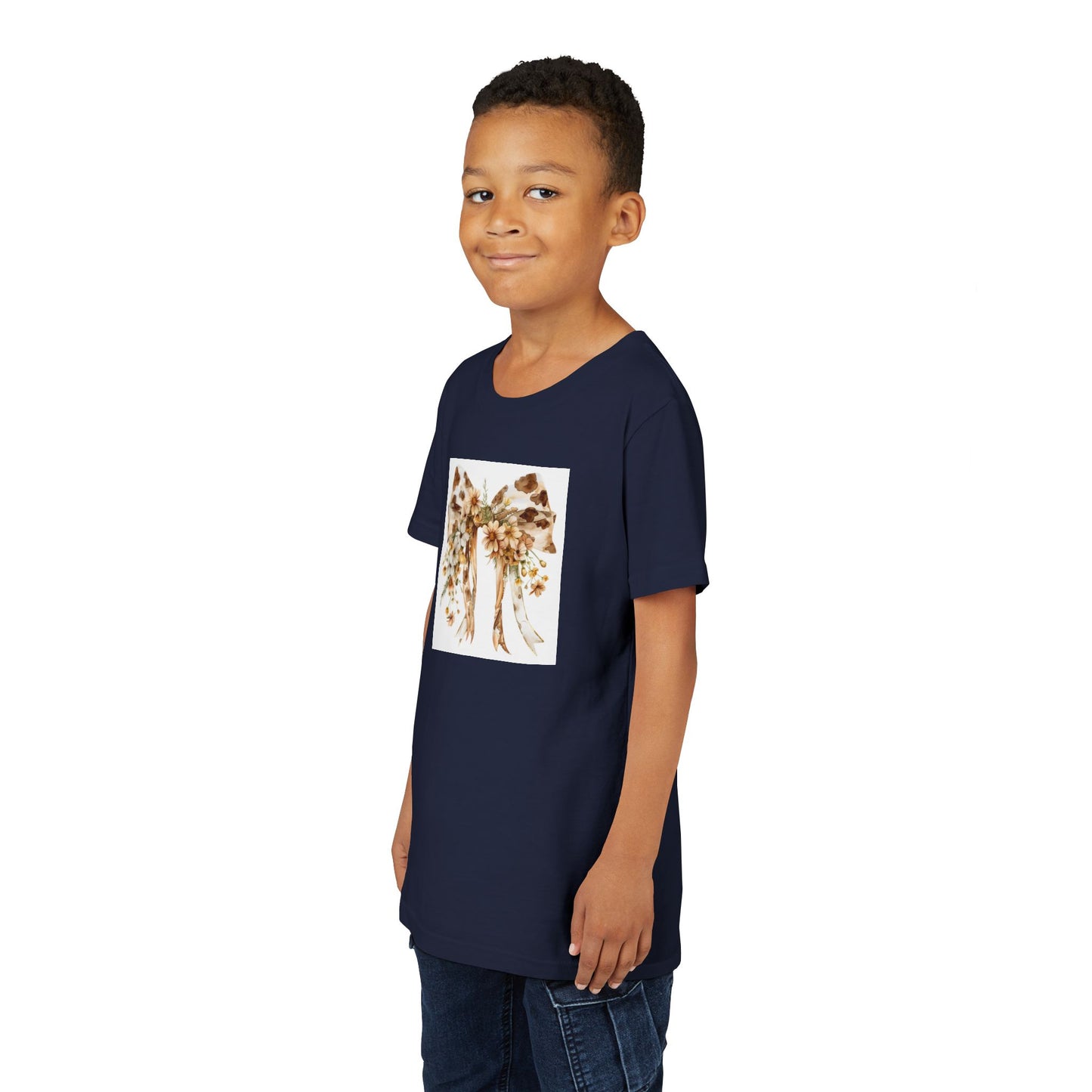 Youth Short Sleeve Tee - Western Cow Print Bow with Floral Accents Clipart - Perfect for Spring Celebrations