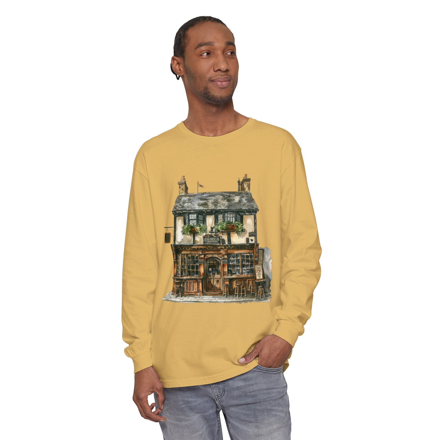 Unisex Garment-dyed Long Sleeve T-Shirt - Charming British House - Classic Design and Warmth