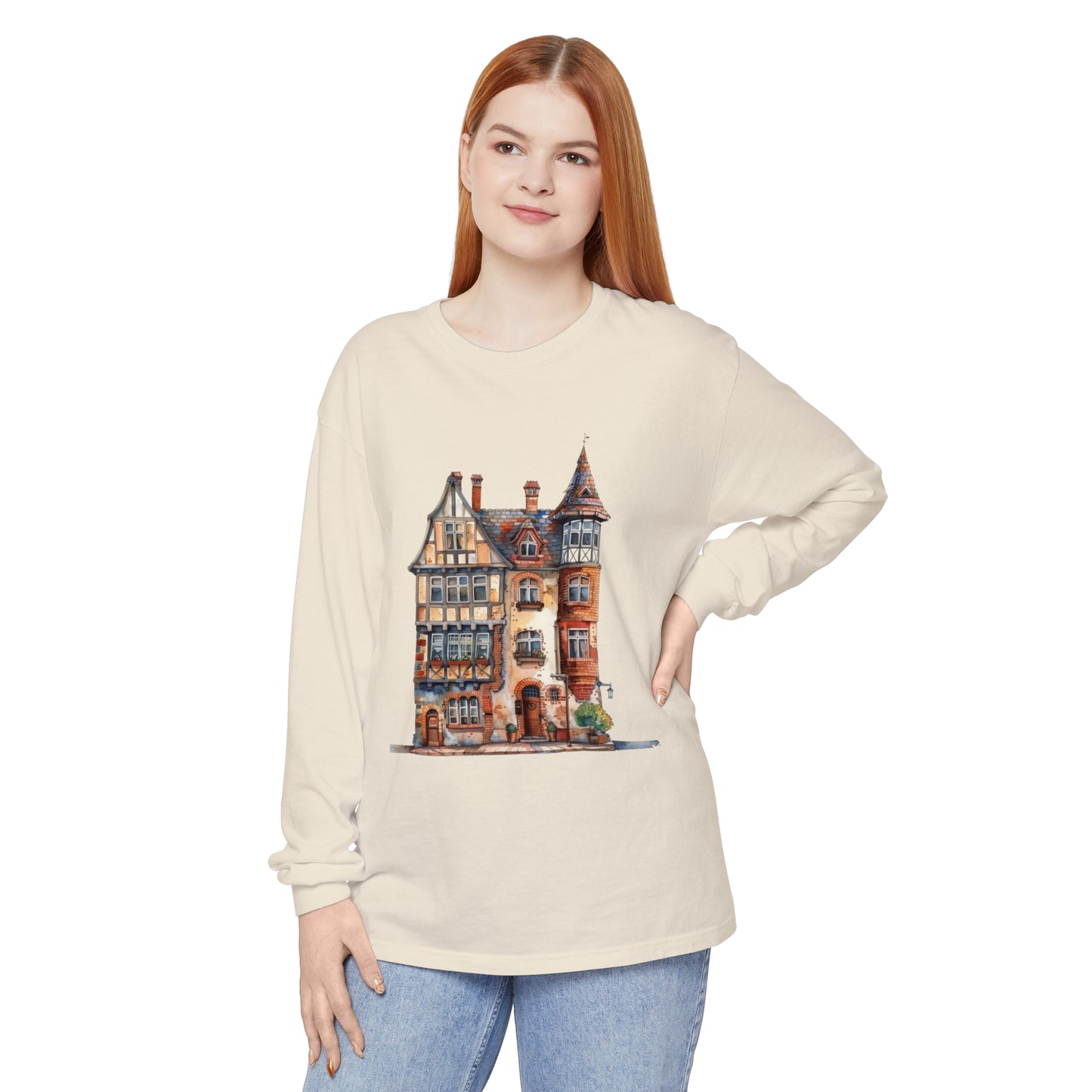 Unisex Garment-dyed Long Sleeve T-Shirt - Charming British House - Classic Design and Warmth