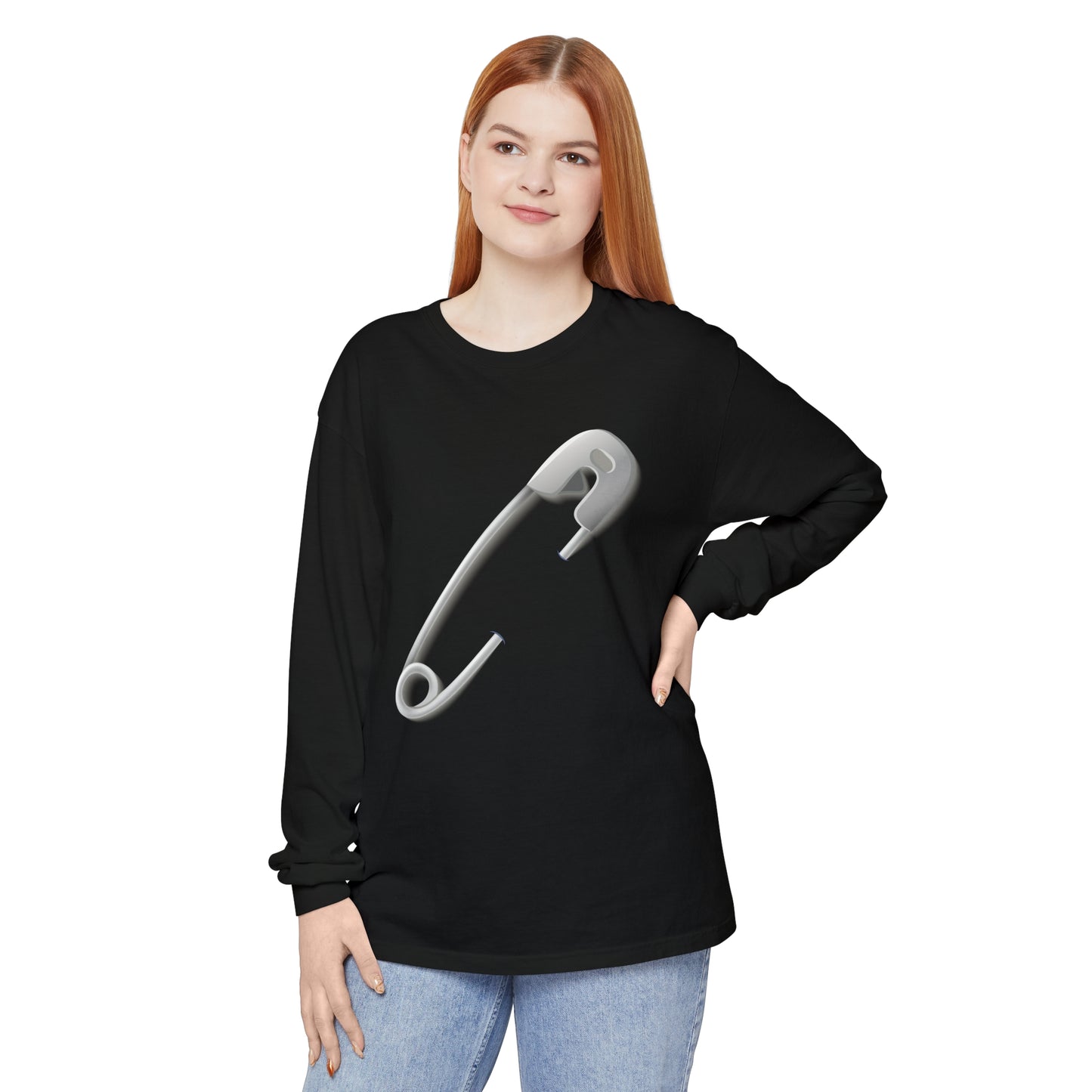 Unisex Garment-dyed Long Sleeve T-Shirt - Minimalist Safety Pin Design
