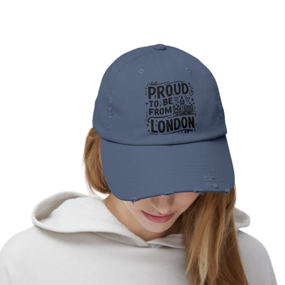 Proudly London Distressed Cap | Unisex Cap for Travelers, Fashionable Headwear, Gift for London Lovers, Casual Style, Summer Accessory