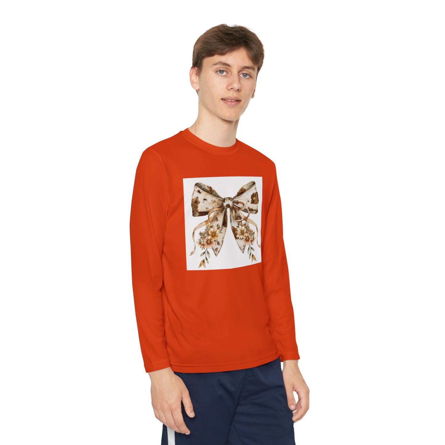 Youth Long Sleeve Tee - Boho Western Bow with Flowers and Cow Pattern - Stylish and Comfortable