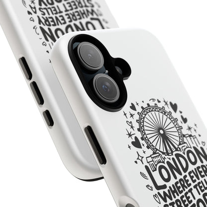London Story Phone Case, Tough iPhone Cover, Gift for Travelers, London Souvenir, Black Typography Design