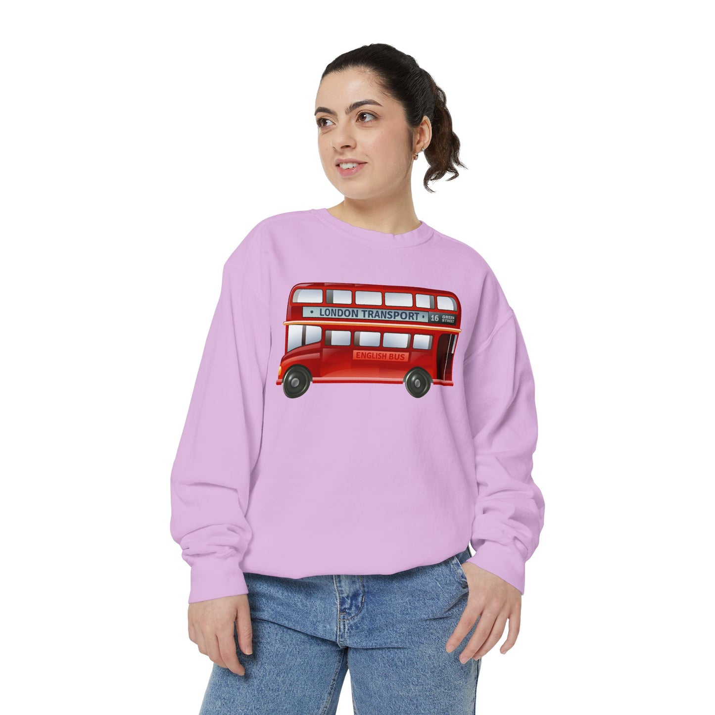 Unisex Garment-Dyed Sweatshirt - City on Wheels - The Classic British Red Bus