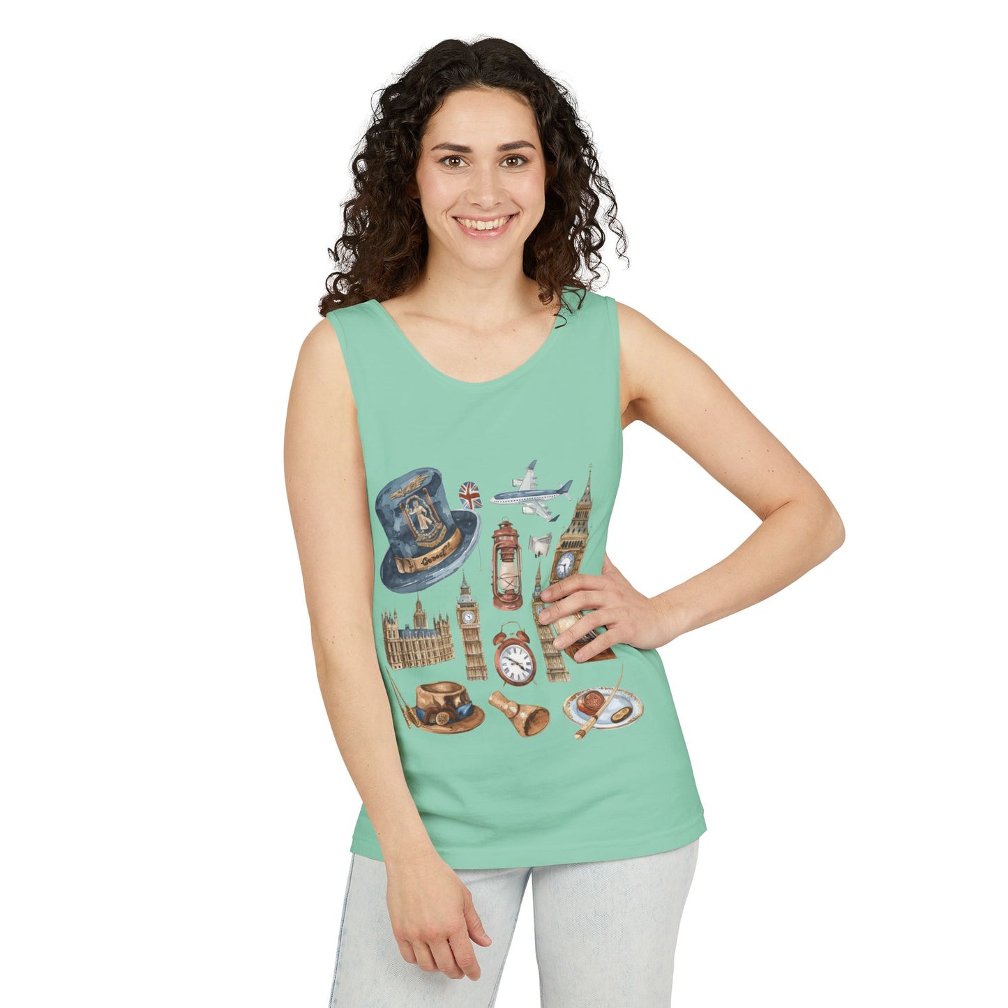 Unisex Garment-Dyed Tank Top - England Travel Icons Artistic Print