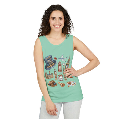 Unisex Garment-Dyed Tank Top - England Travel Icons Artistic Print