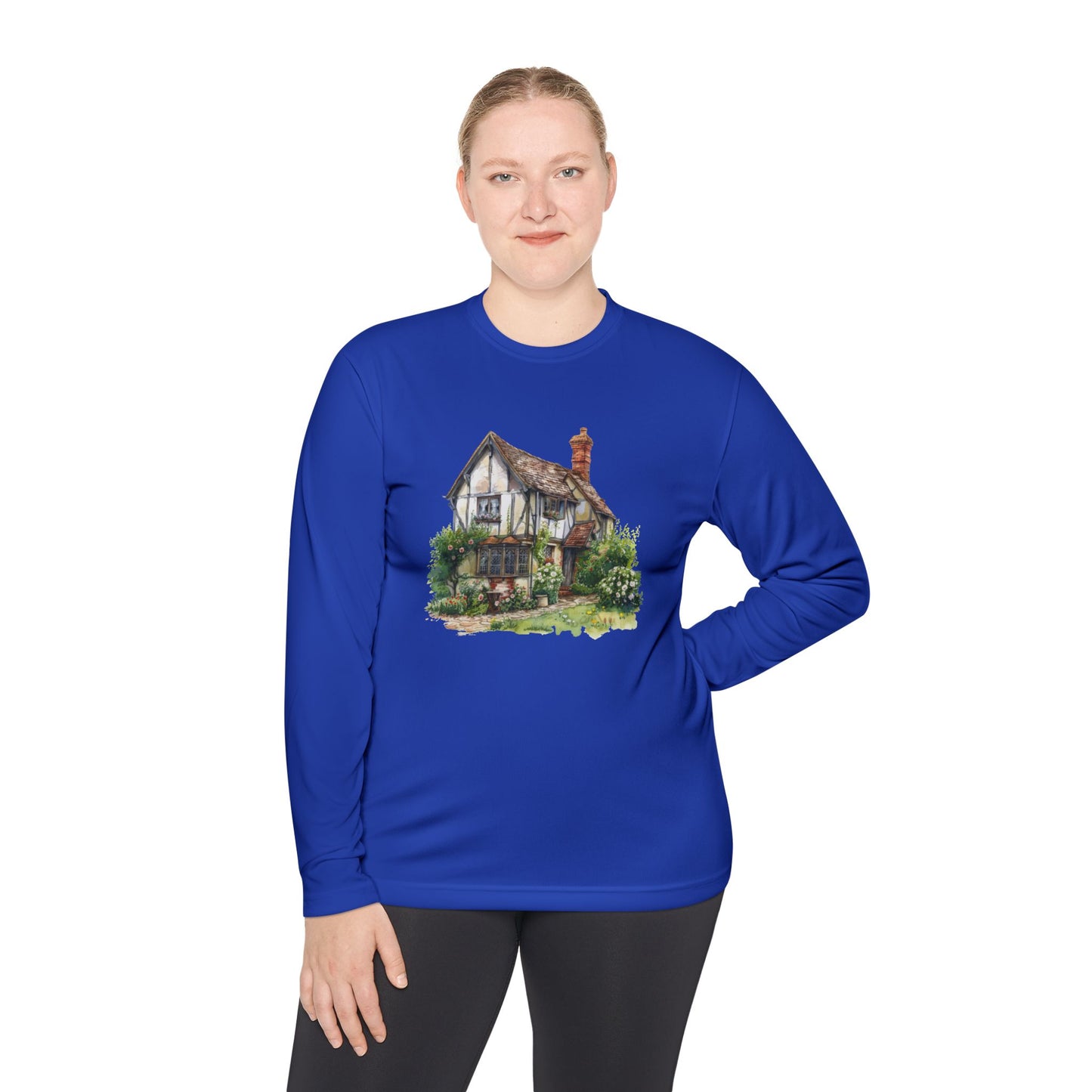 Unisex Lightweight Long Sleeve Tee - Charming English Cottage Illustration Print