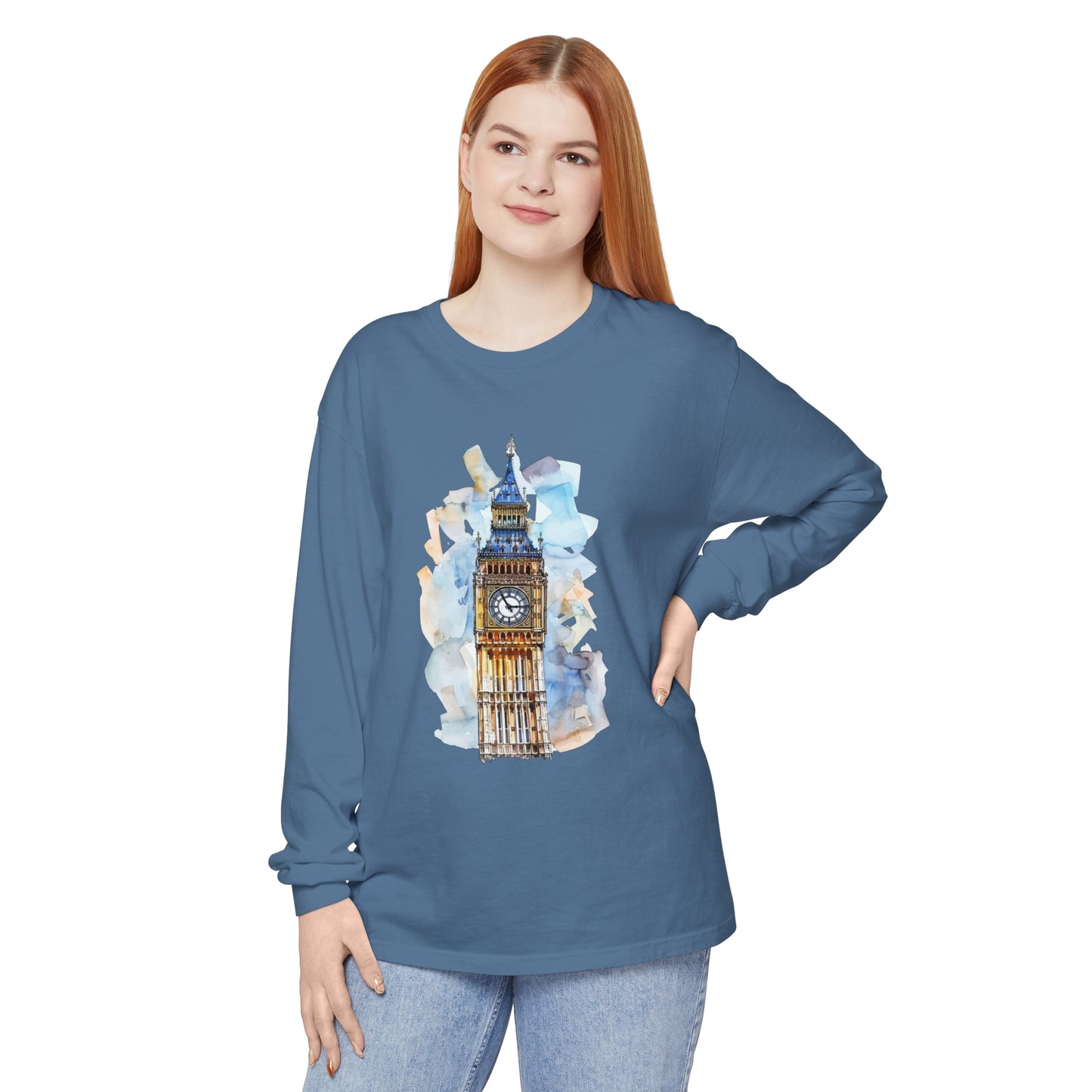 Unisex Garment-dyed Long Sleeve T-Shirt - Towering Time - Big Ben and British Heritage