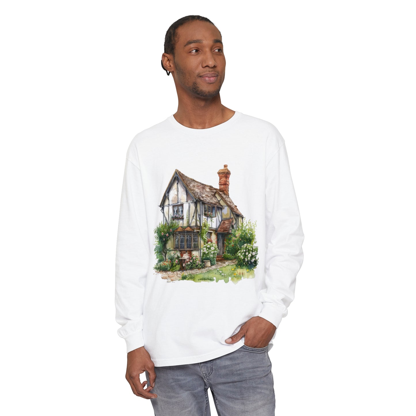 Unisex Garment-dyed Long Sleeve T-Shirt - Charming British House - Classic Design and Warmth